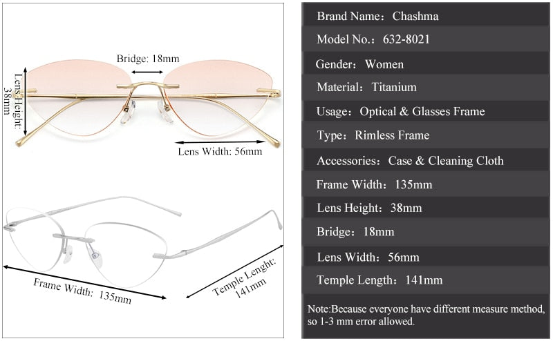 Chashma Ottica Unisex Rimless Triangle Cat Eye Titanium Eyeglasses 632 Rimless Chashma Ottica