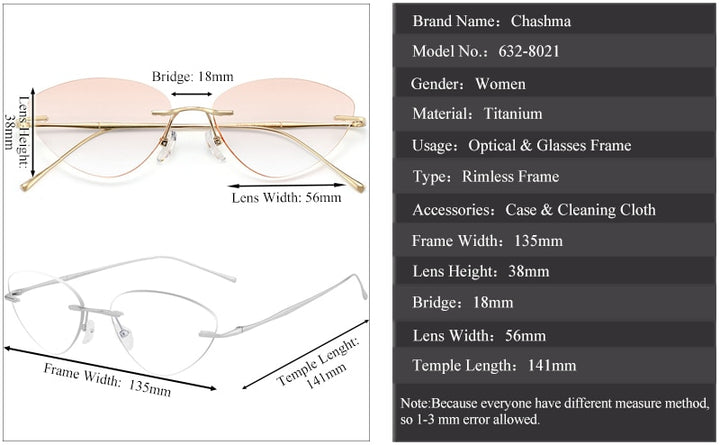 Chashma Ottica Unisex Rimless Triangle Cat Eye Titanium Eyeglasses 632 Rimless Chashma Ottica
