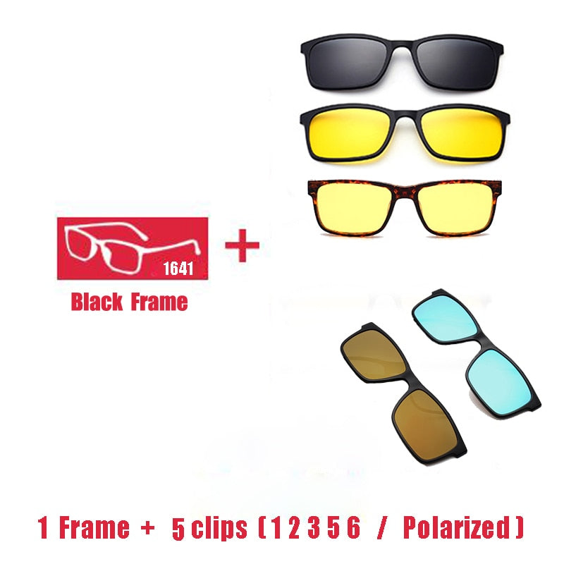 Oveliness Unisex Full Rim Square Tr 90 Titanium Eyeglasses Polarized Clip On Sunglasses 1641 With Clip Ons Oveliness 1F 5 clips 1 2 3 5 6