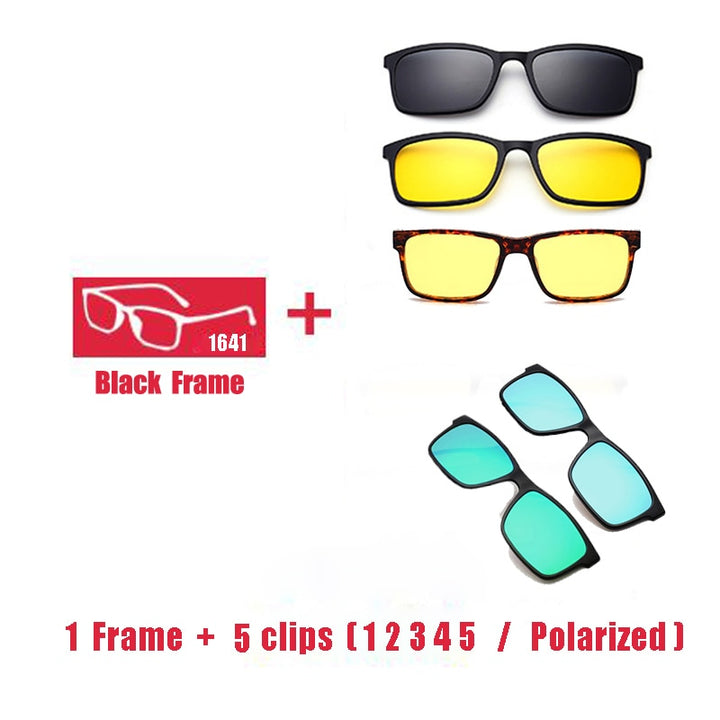 Oveliness Unisex Full Rim Square Tr 90 Titanium Eyeglasses Polarized Clip On Sunglasses 1641 With Clip Ons Oveliness 1F 5 clips 1 2 3 4 5