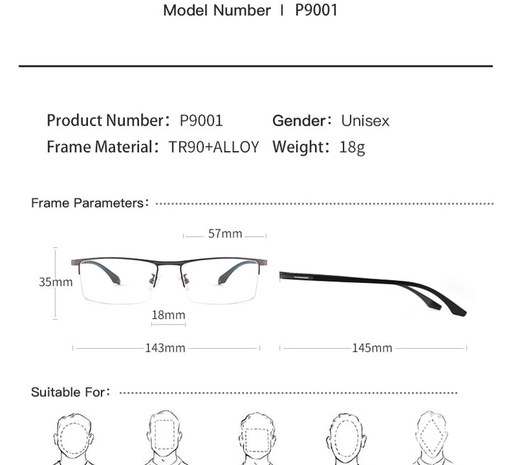 Hotochki Unisex Semi Rim Alloy Frame Eyeglasses P9001 Semi Rim Hotochki