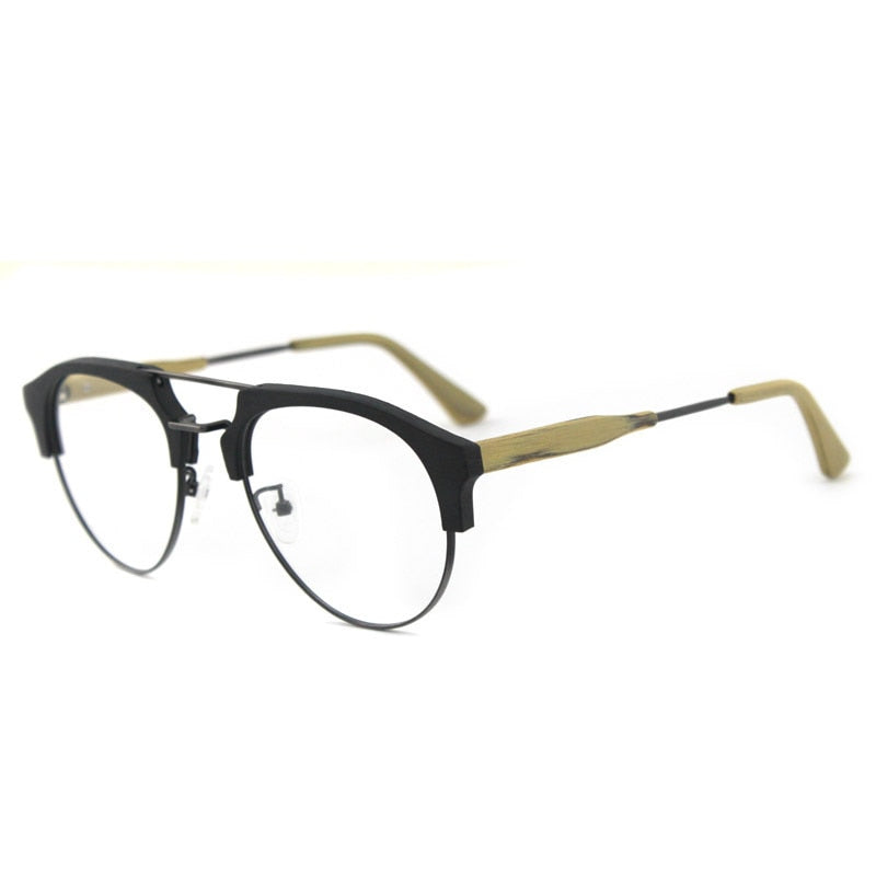Hdcrafter Men's Full Rim Round Double Bridge Wood Metal Frame Eyeglasses 15144 Full Rim Hdcrafter Eyeglasses