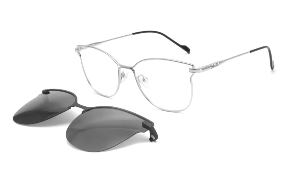 CCspace Unisex Full Rim Square Cat Eye Alloy Frame Eyeglasses Clip On Sunglasses 47478 With Clip Ons CCspace C3Silver