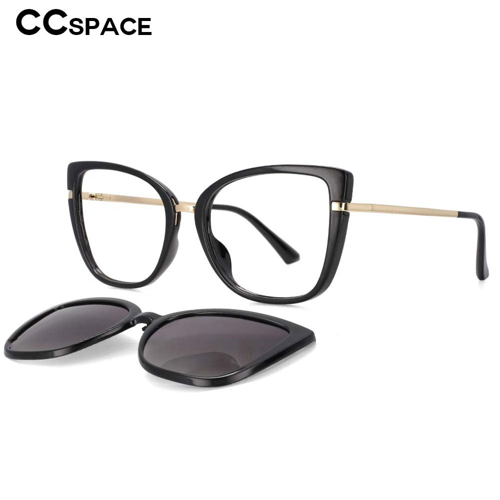 CCspace Unisex Full Rim Cat Eye Tr 90 Titanium Frame Eyeglasses Clip On Sunglasses 53752 With Clip Ons CCspace