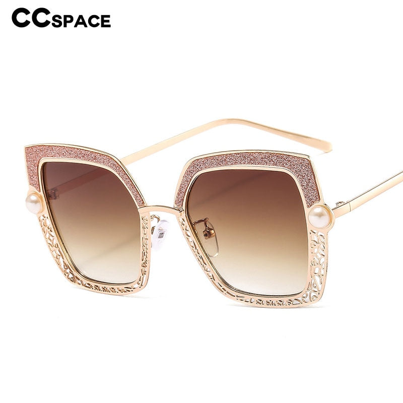 CCspace Women's Full Rim Square Cat Eye Hollow Pearl Alloy Frame Sunglasses 46548 Sunglasses CCspace Sunglasses