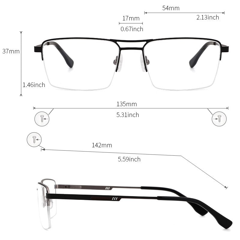 Kansept Men's Semi Rim Square Double Bridge Stainless Steel Frame Eyeglasses Me2360 Semi Rim Kansept