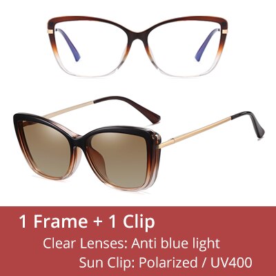 Ralferty Women's Full Rim Square Cat Eye Acetate Eyeglasses With Clip On Sunglasses D95335 With Clip Ons Ralferty C4 Brown