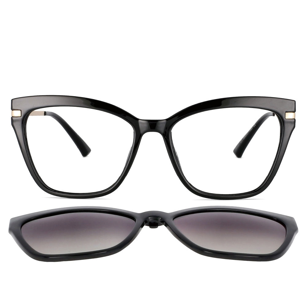 CCspace Unisex Full Rim Square Cat Eye Tr 90 Titanium Eyeglasses Clip On Sunglasses 53684 With Clip Ons CCspace Black