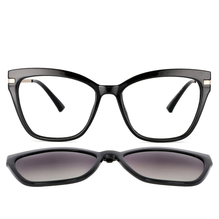 CCspace Unisex Full Rim Square Cat Eye Tr 90 Titanium Eyeglasses Clip On Sunglasses 53684 With Clip Ons CCspace Black