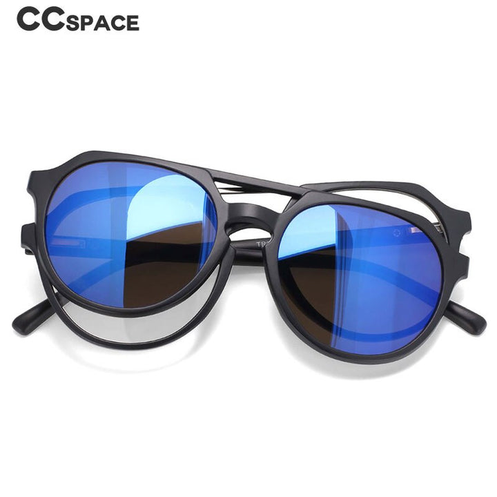 CCspace Unisex Full Rim Round Tr 90 Titanium Frame Eyeglasses Clip On 5 Piece Lens Sunglasses 53882 With Clip Ons CCspace