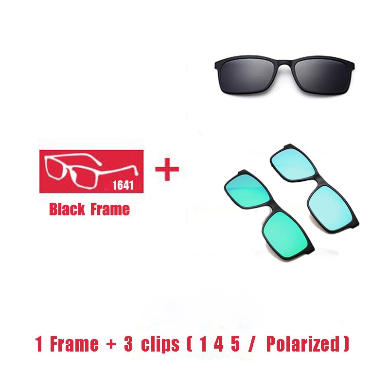 Oveliness Unisex Full Rim Square Tr 90 Titanium Eyeglasses Polarized Clip On Sunglasses 1641 With Clip Ons Oveliness 1F 3 clips 1 4 5