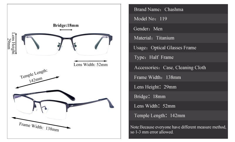 Chashma Ottica Men's Semi Rim Square Titanium Eyeglasses 119 Semi Rim Chashma Ottica