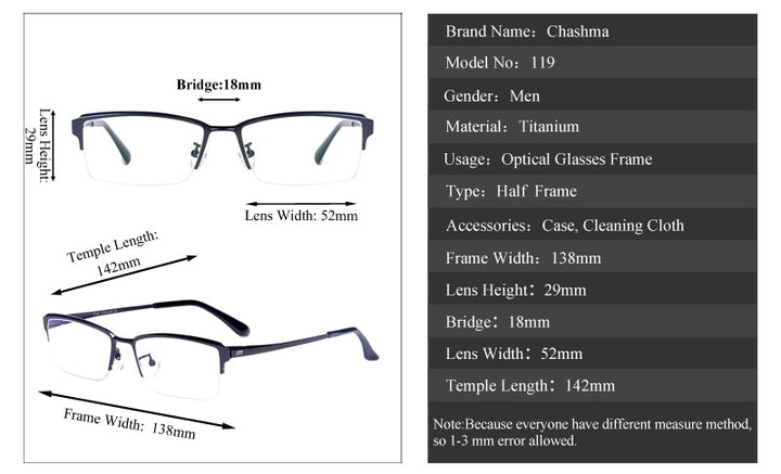 Chashma Ottica Men's Semi Rim Square Titanium Eyeglasses 119 Semi Rim Chashma Ottica