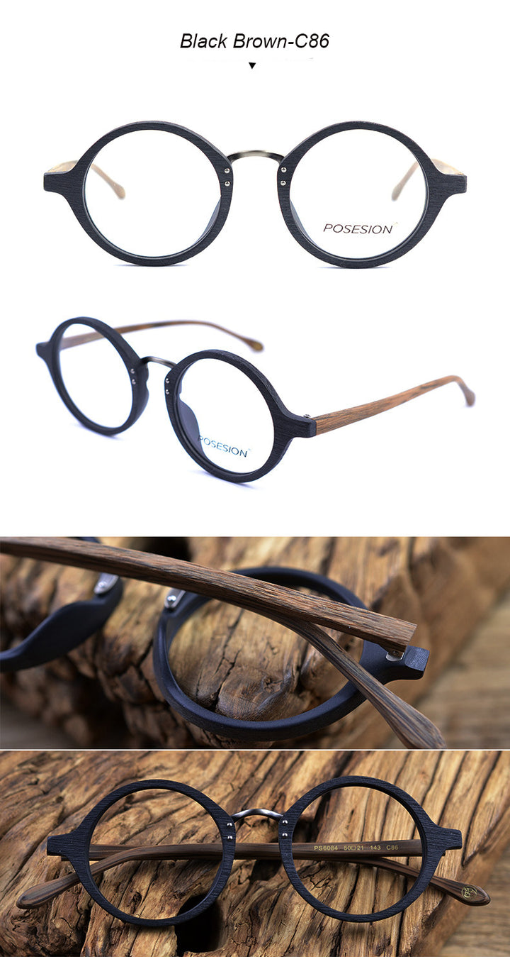 Hdcrafter Men's Full Rim Round Metal Wood Frame Eyeglasses Ps6084 Full Rim Hdcrafter Eyeglasses