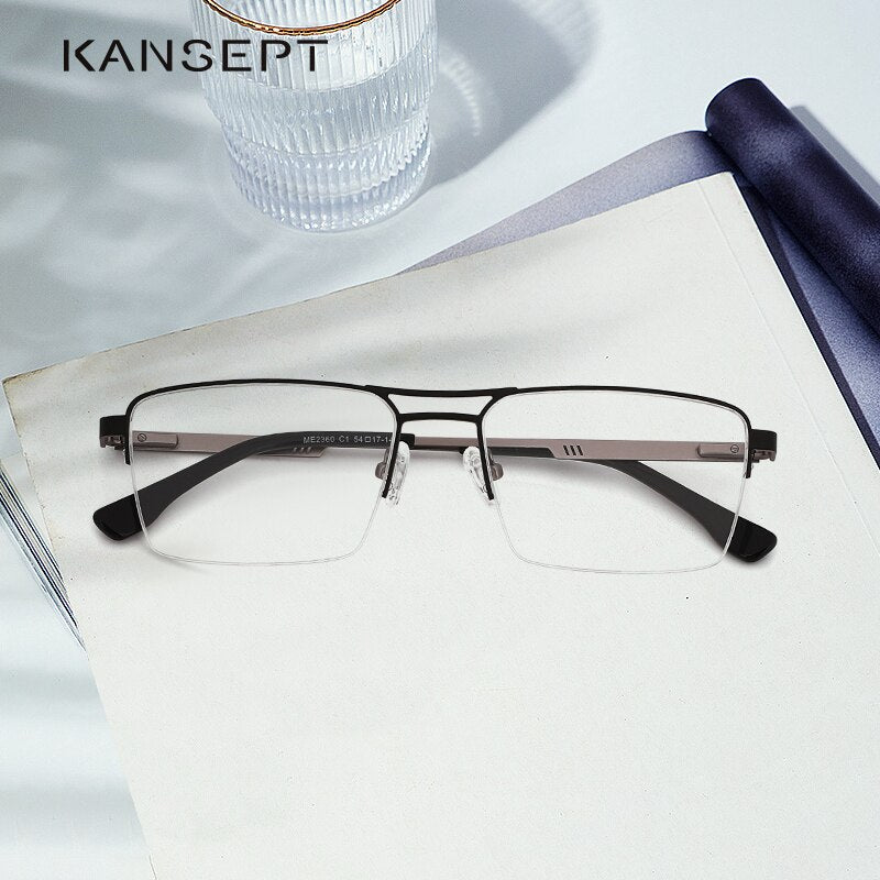 Kansept Men's Semi Rim Square Double Bridge Stainless Steel Frame Eyeglasses Me2360 Semi Rim Kansept