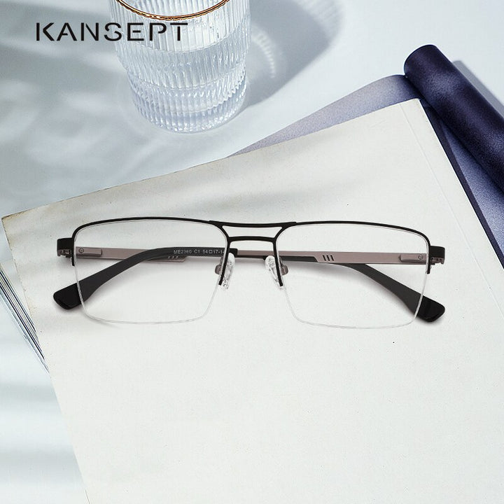 Kansept Men's Semi Rim Square Double Bridge Stainless Steel Frame Eyeglasses Me2360 Semi Rim Kansept
