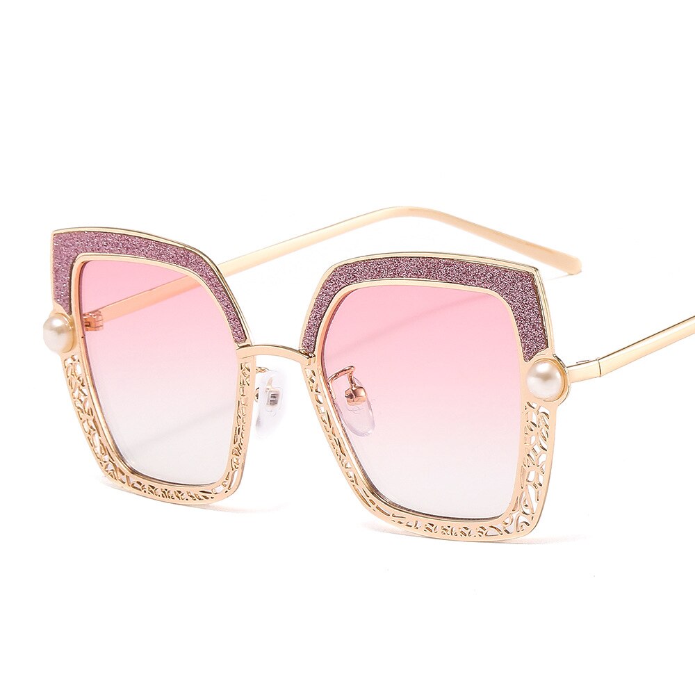 CCspace Women's Full Rim Square Cat Eye Hollow Pearl Alloy Frame Sunglasses 46548 Sunglasses CCspace Sunglasses C5Gold-Pink