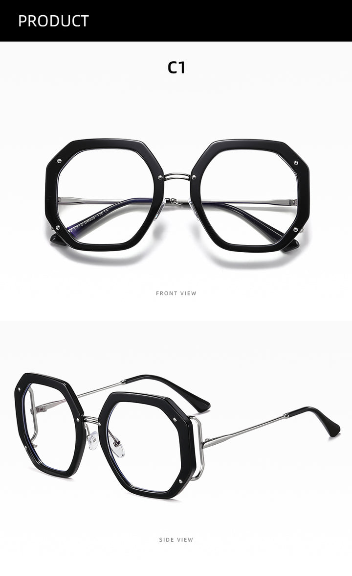Hotony Women's Full Rim Polygonal Round TR 90 Resin Alloy Frame Eyeglasses 95243 Full Rim Hotony