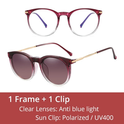 Ralferty Women's Full Rim Round Acetate Eyeglasses With Clip On Sunglasses F95975 With Clip Ons Ralferty C5 Purple White China As picture