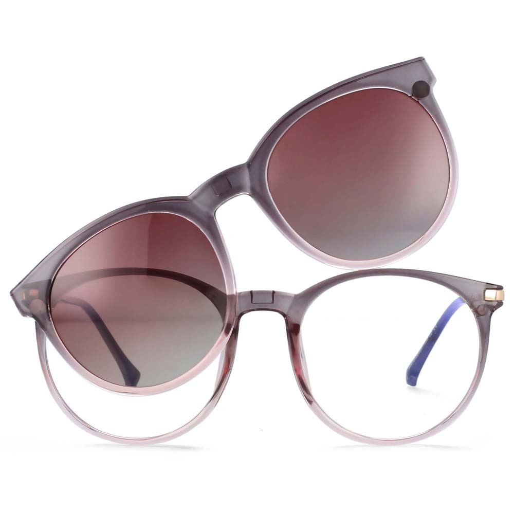 CCspace Unisex Full Rim Round Tr 90 Titanium Frame Eyeglasses Clip On Sunglasses 54044 With Clip Ons CCspace gray-pink