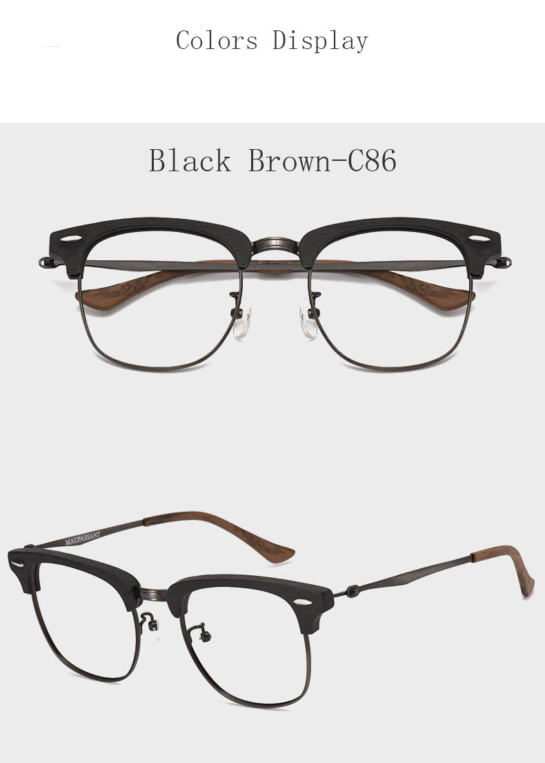 Hdcrafter Men's Full Rim Round Wood Alloy Frame Eyeglasses 8057 Full Rim Hdcrafter Eyeglasses