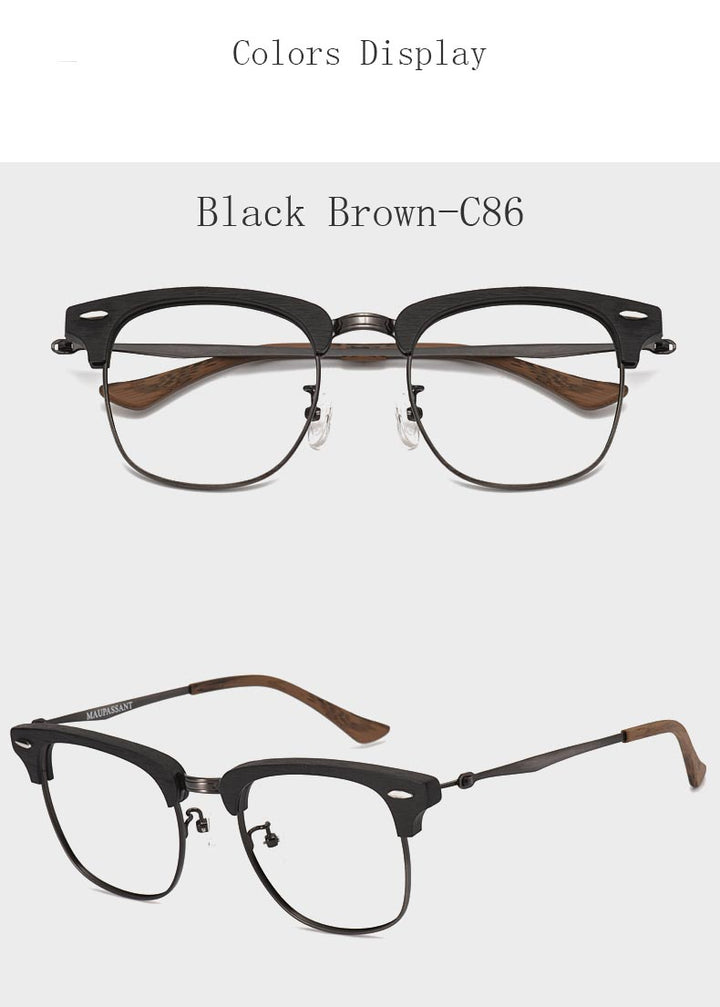 Hdcrafter Men's Full Rim Round Wood Alloy Frame Eyeglasses 8057 Full Rim Hdcrafter Eyeglasses