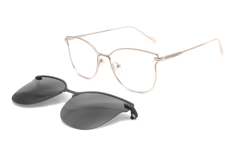 CCspace Unisex Full Rim Square Cat Eye Alloy Frame Eyeglasses Clip On Sunglasses 47478 With Clip Ons CCspace C2Gold