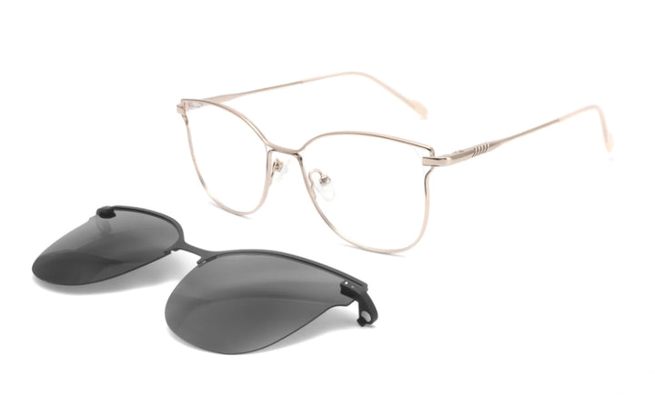 CCspace Unisex Full Rim Square Cat Eye Alloy Frame Eyeglasses Clip On Sunglasses 47478 With Clip Ons CCspace C2Gold