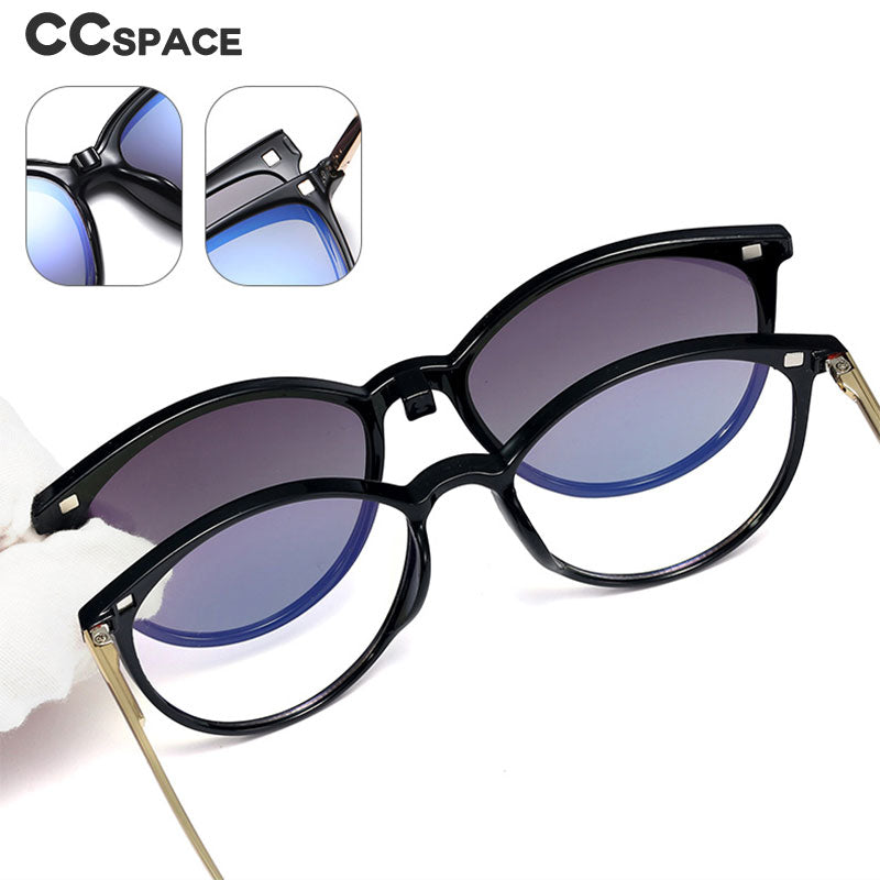 CCspace Unisex Full Rim Round Cat Eye Tr 90 Titanium Frame Eyeglasses Clip On Sunglasses 48344 With Clip Ons CCspace