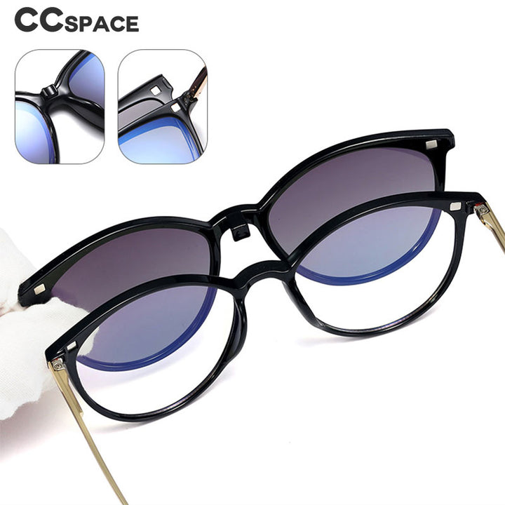 CCspace Unisex Full Rim Round Cat Eye Tr 90 Titanium Frame Eyeglasses Clip On Sunglasses 48344 With Clip Ons CCspace