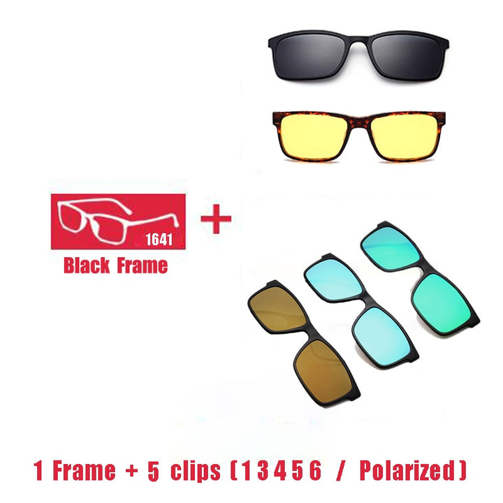 Oveliness Unisex Full Rim Square Tr 90 Titanium Eyeglasses Polarized Clip On Sunglasses 1641 With Clip Ons Oveliness 1F 5 clips 1 3 4 5 6