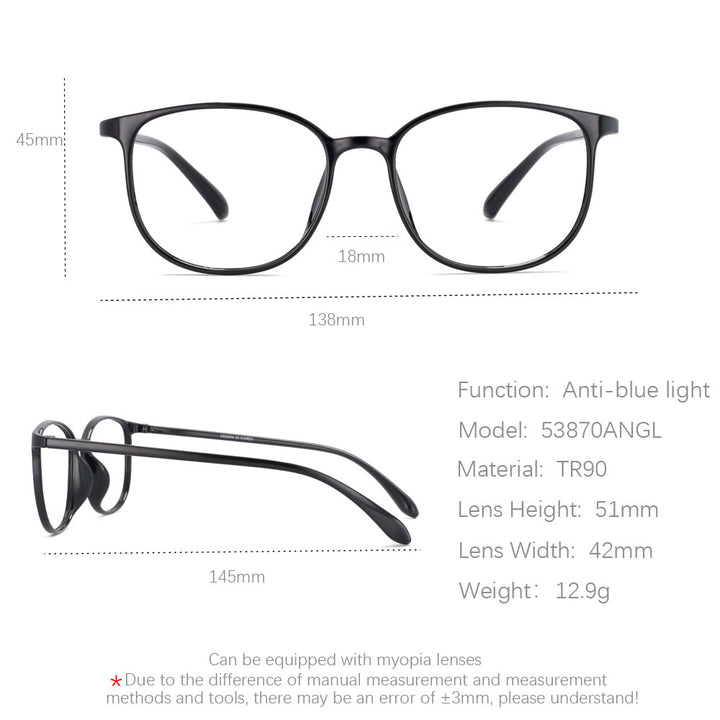 CCspace Unisex Full Rim Round Square Tr 90 Titanium Frame Eyeglasses 53870 Full Rim CCspace