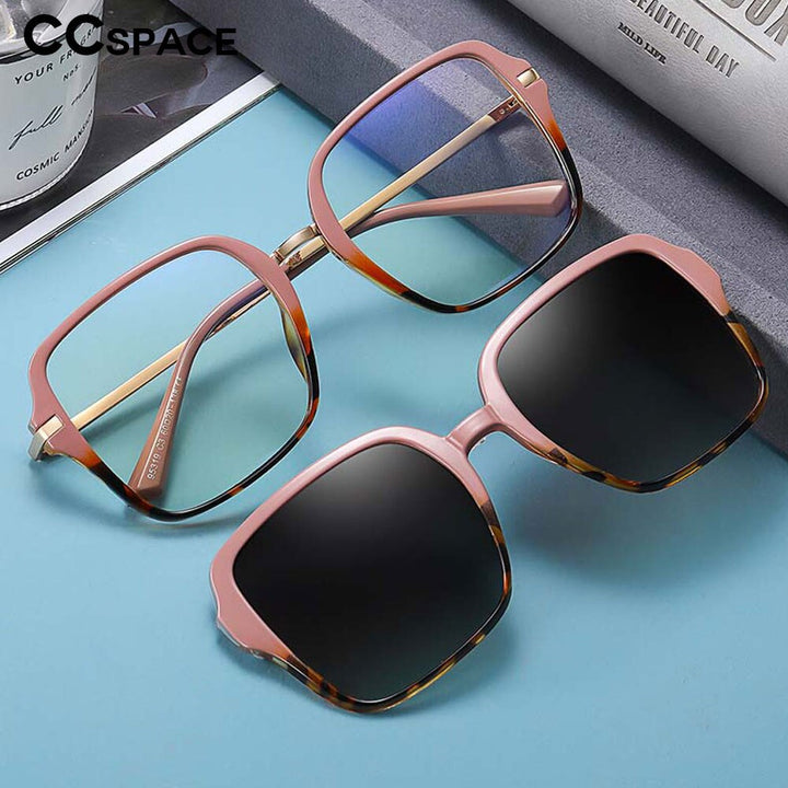CCspace Unisex Full Rim Square Tr 90 Frame Eyeglasses Clip On Sunglasses 53661 With Clip Ons CCspace