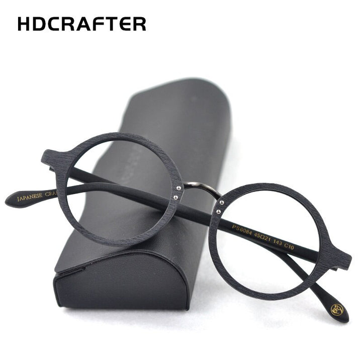 Hdcrafter Men's Full Rim Round Metal Wood Frame Eyeglasses Ps6084 Full Rim Hdcrafter Eyeglasses