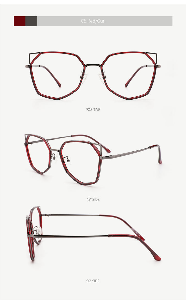 Kansept Women's Full Rim Polygonal Cat Ear Alloy Acetate Frame Eyeglasses 90053 Full Rim Kansept