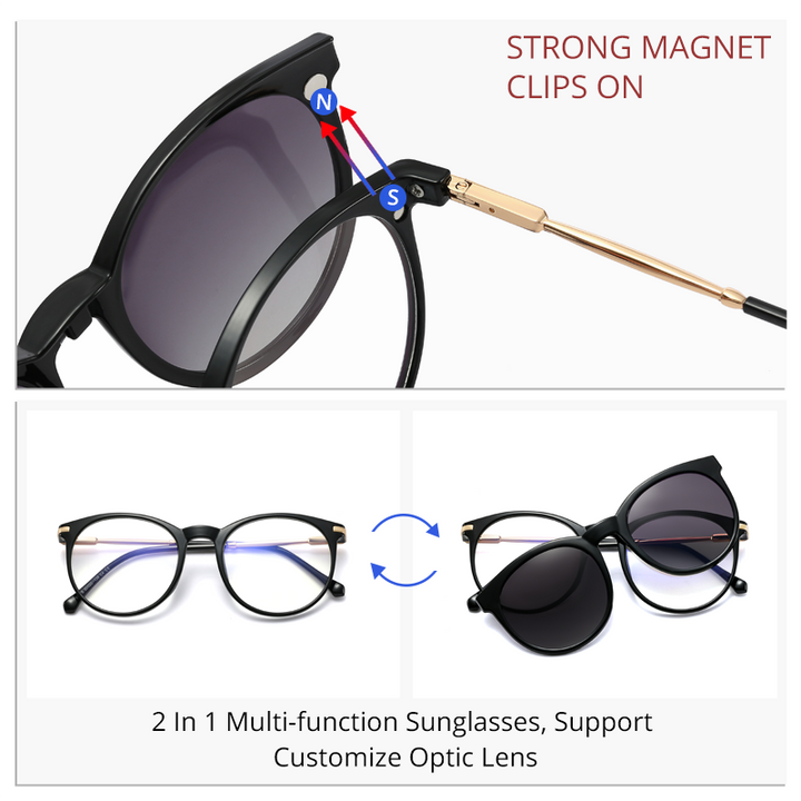 Ralferty Women's Full Rim Round Acetate Eyeglasses With Clip On Sunglasses F95975 With Clip Ons Ralferty