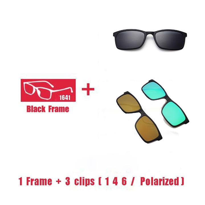 Oveliness Unisex Full Rim Square Tr 90 Titanium Eyeglasses Polarized Clip On Sunglasses 1641 With Clip Ons Oveliness 1F 3 clips 1 4 6