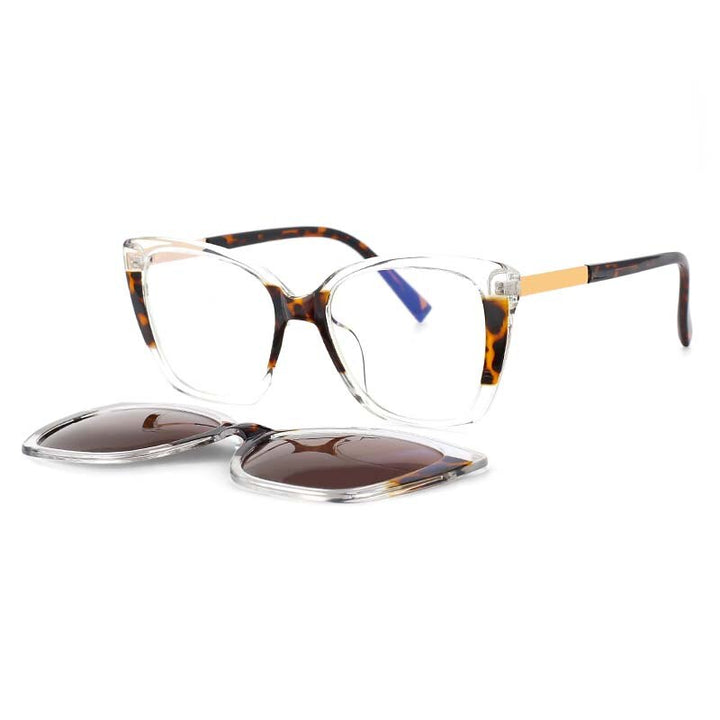 CCspace Unisex Full Rim Square Cat Eye Tr 90 Titanium Eyeglasses Clip On Sunglasses 53547 With Clip Ons CCspace leopard