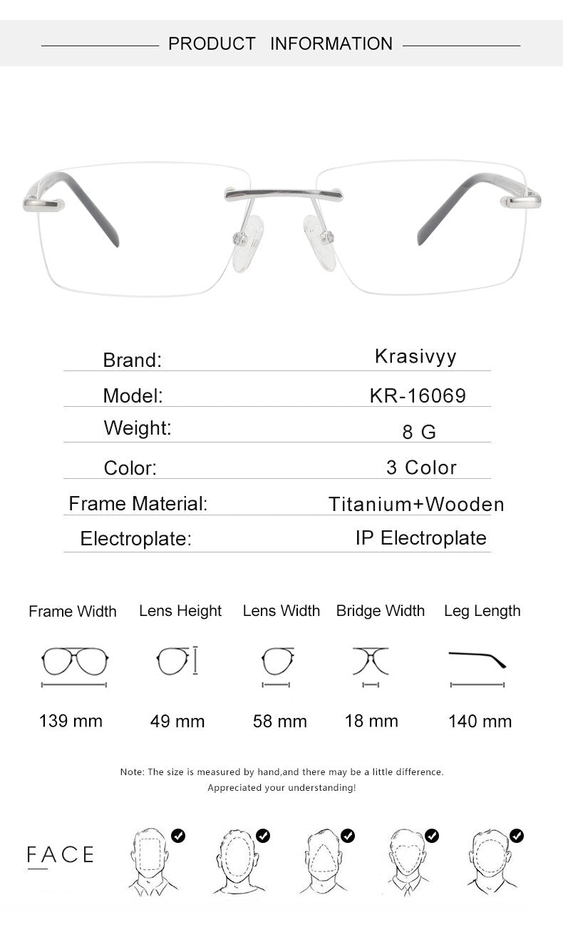 Krasivyy Unisex Rimless Square Titanium Wood Eyeglasses Kr16069 Rimless Krasivyy