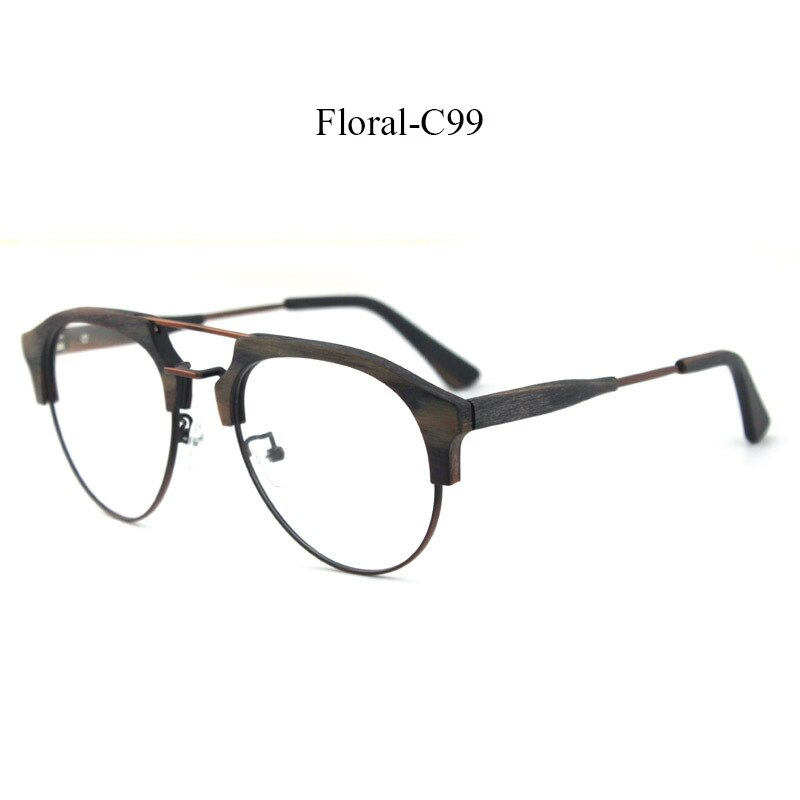 Hdcrafter Men's Full Rim Round Double Bridge Wood Metal Frame Eyeglasses 15144 Full Rim Hdcrafter Eyeglasses C99