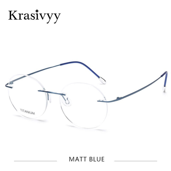 Krasivyy Unisex Rimless Round Titanium Eyeglasses Kr6012 Rimless Krasivyy Matt Blue