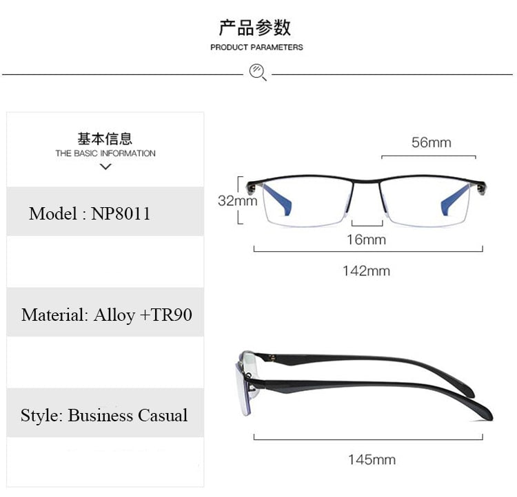 Men's Half Rim Titanium Alloy Frame TR-90 Temple Eyeglasses Np8011 Semi Rim Bclear