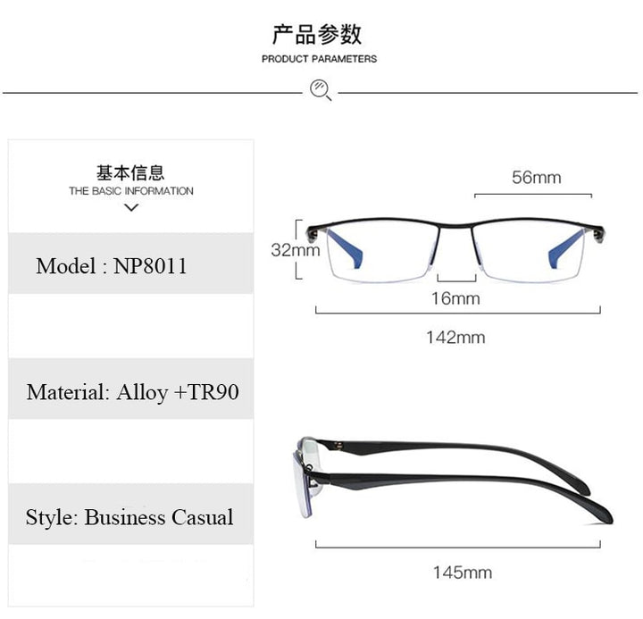 Men's Half Rim Titanium Alloy Frame TR-90 Temple Eyeglasses Np8011 Semi Rim Bclear