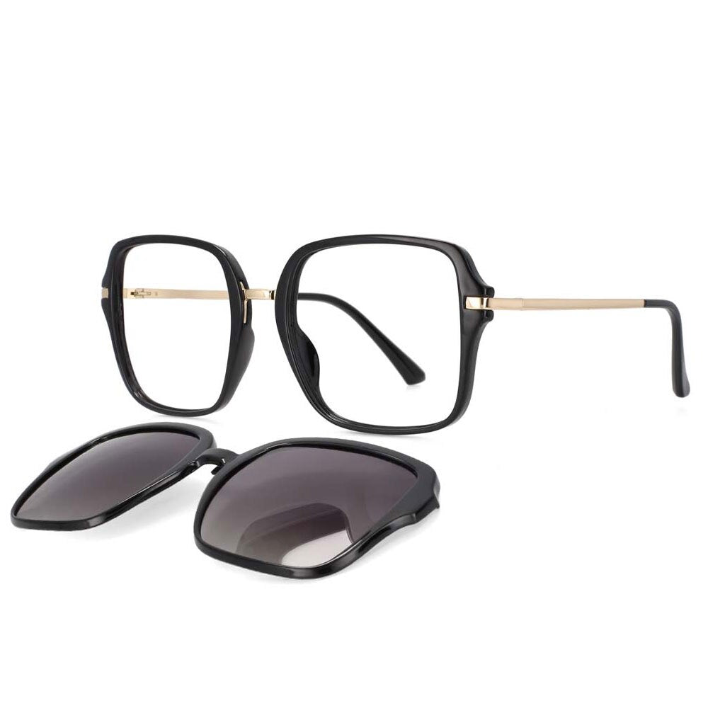 CCspace Unisex Full Rim Square Tr 90 Frame Eyeglasses Clip On Sunglasses 53661 With Clip Ons CCspace black