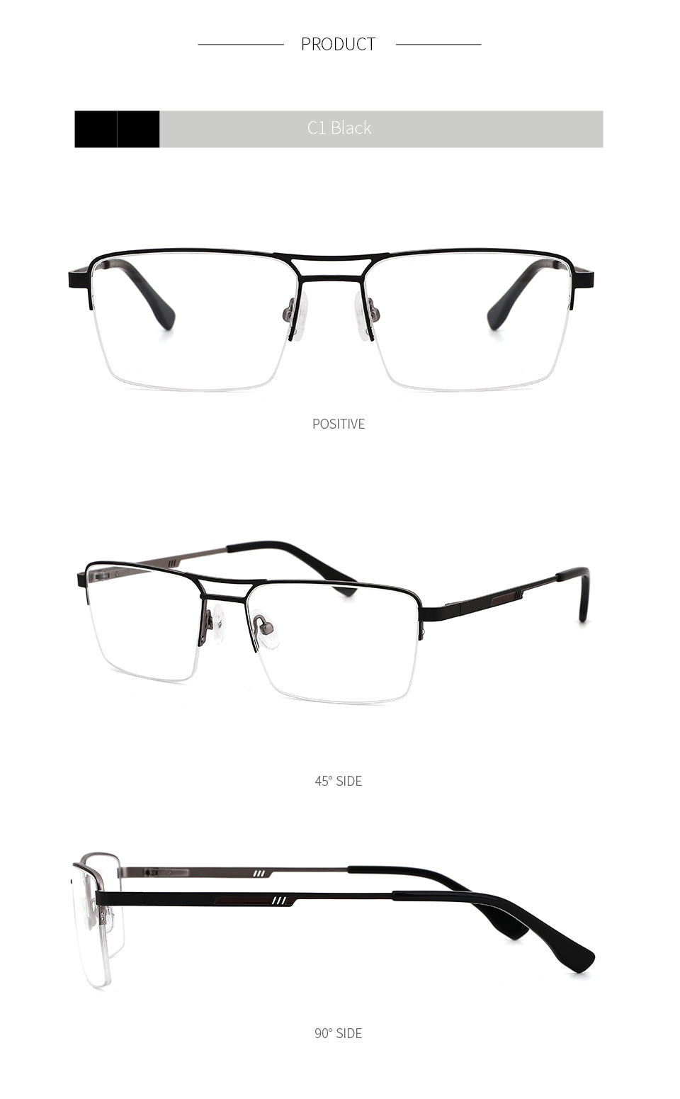 Kansept Men's Semi Rim Square Double Bridge Stainless Steel Frame Eyeglasses Me2360 Semi Rim Kansept