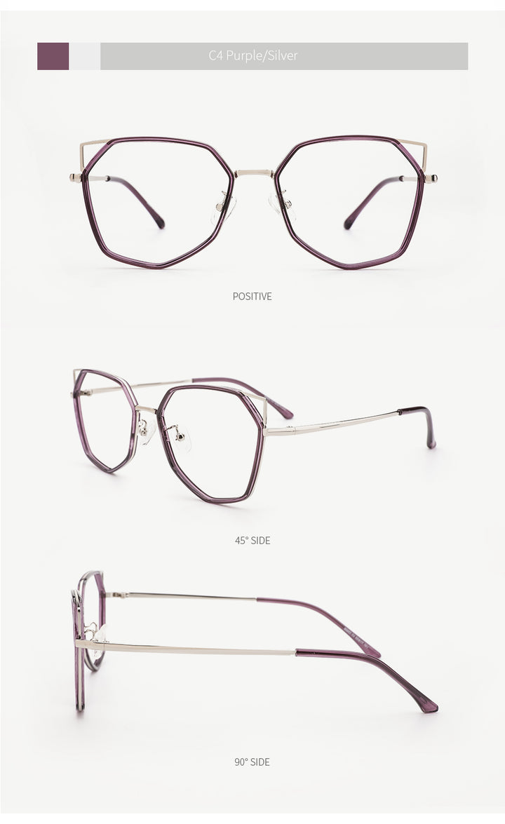 Kansept Women's Full Rim Polygonal Cat Ear Alloy Acetate Frame Eyeglasses 90053 Full Rim Kansept