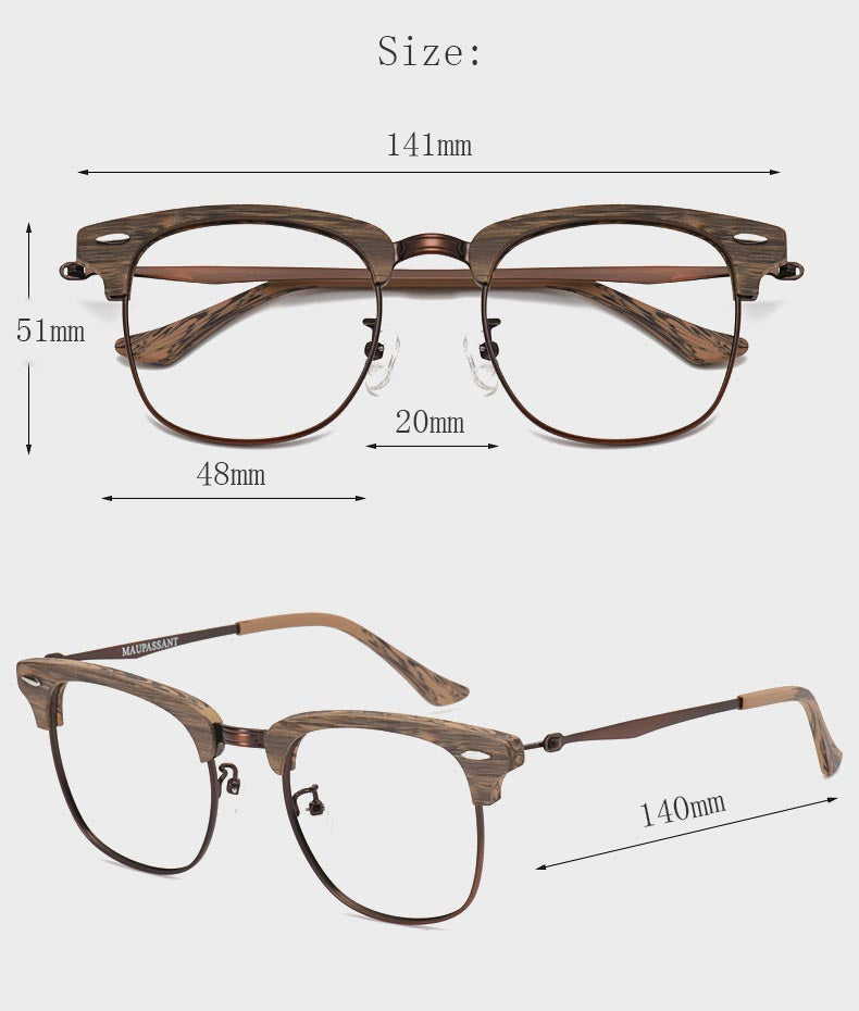 Hdcrafter Men's Full Rim Round Wood Alloy Frame Eyeglasses 8057 Full Rim Hdcrafter Eyeglasses