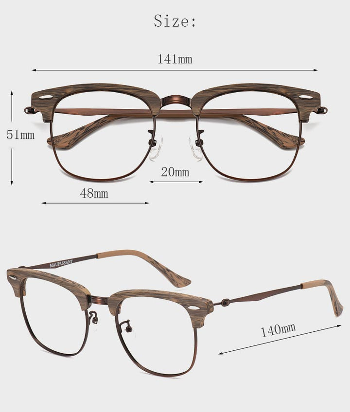 Hdcrafter Men's Full Rim Round Wood Alloy Frame Eyeglasses 8057 Full Rim Hdcrafter Eyeglasses
