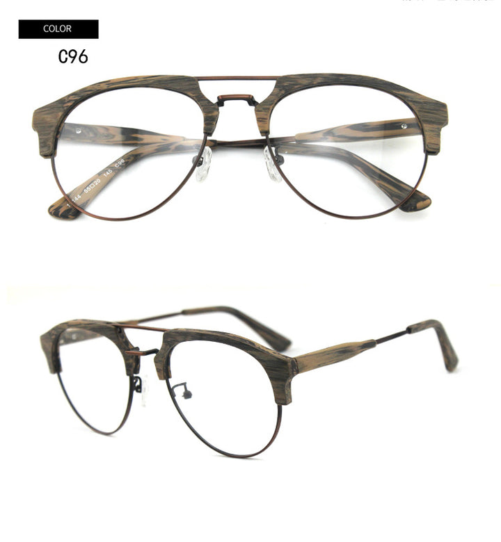 Hdcrafter Men's Full Rim Round Double Bridge Wood Metal Frame Eyeglasses 15144 Full Rim Hdcrafter Eyeglasses