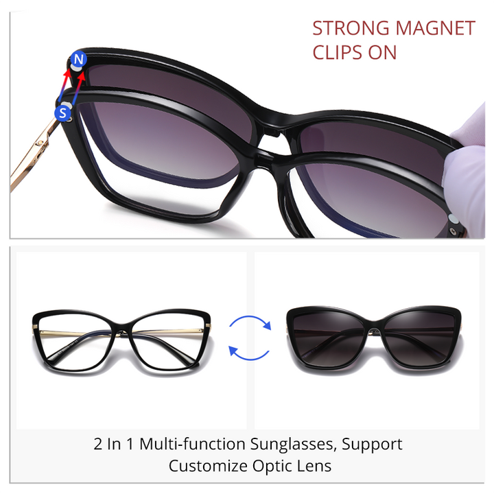 Ralferty Women's Full Rim Square Cat Eye Acetate Eyeglasses With Clip On Sunglasses D95335 With Clip Ons Ralferty
